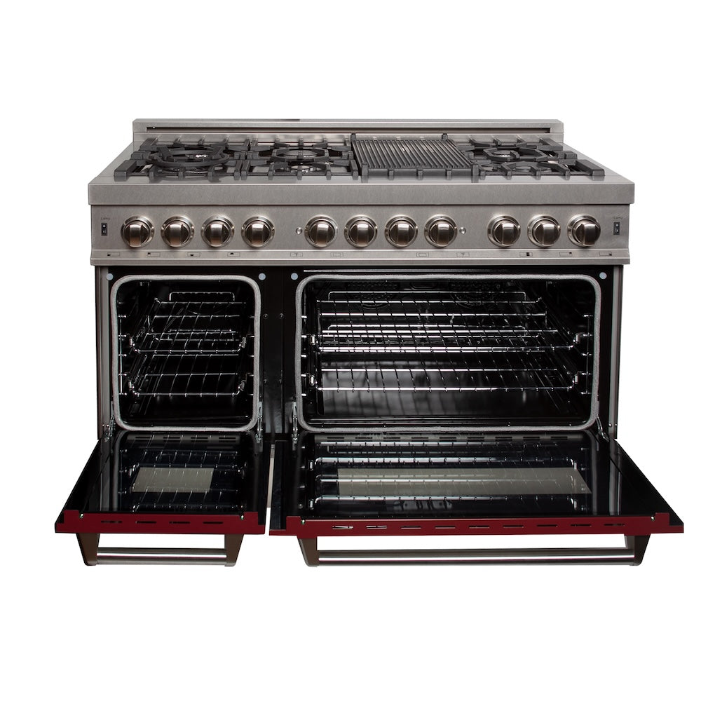 ZLINE 48 in. 6.0 cu. ft. Legacy Dual Fuel Range with 7 Burner Gas Cooktop and 2 Electric Ovens in Satin Stainless Steel and Red Gloss Doors (RAS-RG-48)