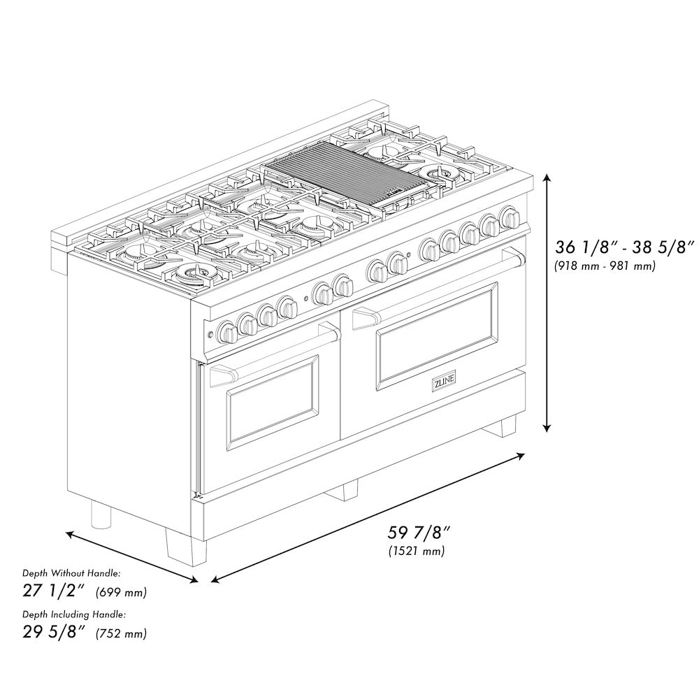 ZLINE 60 in. 7.4 cu. ft. Legacy Dual Fuel Range with 9 Burner Gas Cooktop and 2 Electric Convection Ovens in Satin Stainless Steel and Red Gloss Doors (RAS-RG-60)