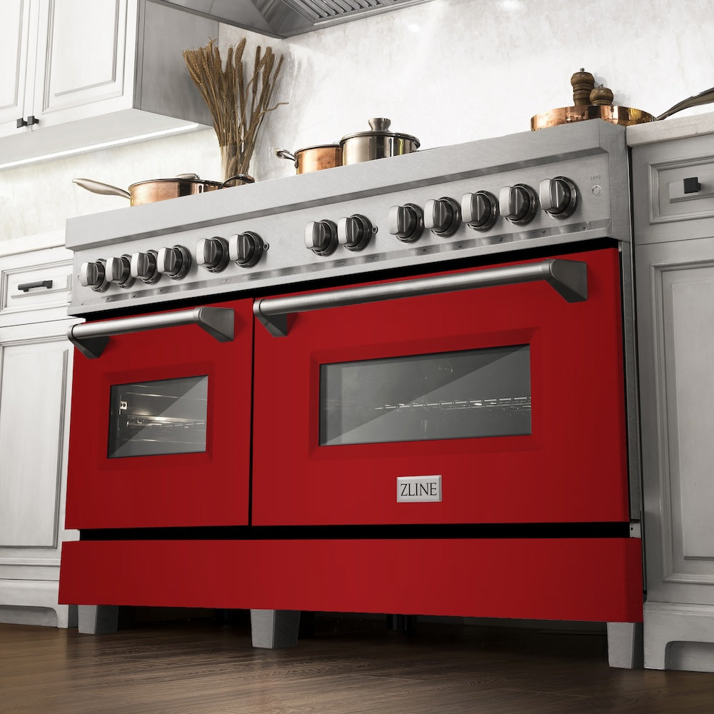 ZLINE 60 in. 7.4 cu. ft. Legacy Dual Fuel Range with 9 Burner Gas Cooktop and 2 Electric Convection Ovens in Satin Stainless Steel and Red Gloss Doors (RAS-RG-60)