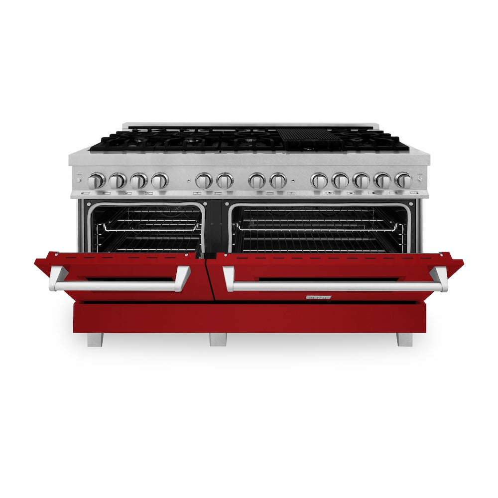 ZLINE 60 in. 7.4 cu. ft. Legacy Dual Fuel Range with 9 Burner Gas Cooktop and 2 Electric Convection Ovens in Satin Stainless Steel and Red Gloss Doors (RAS-RG-60)