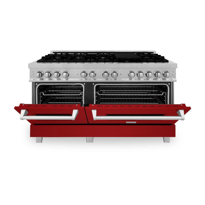 ZLINE 60 in. 7.4 cu. ft. Legacy Dual Fuel Range with 9 Burner Gas Cooktop and 2 Electric Convection Ovens in Satin Stainless Steel and Red Gloss Doors (RAS-RG-60)