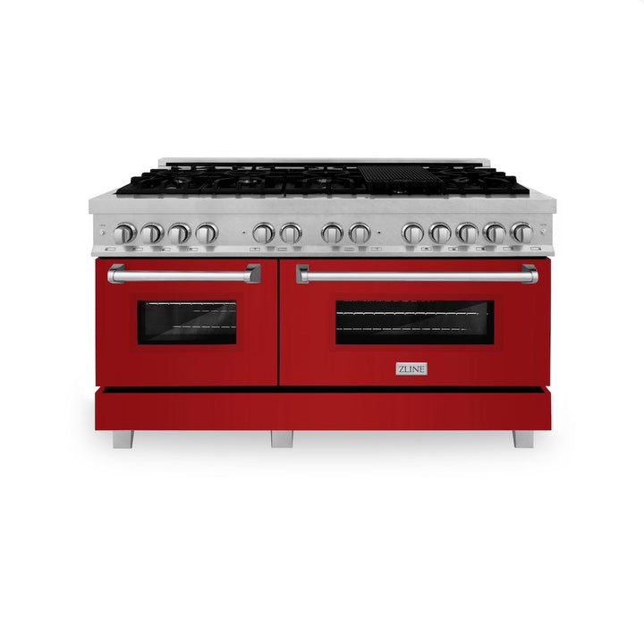 ZLINE 60 in. 7.4 cu. ft. Legacy Dual Fuel Range with 9 Burner Gas Cooktop and 2 Electric Convection Ovens in Satin Stainless Steel and Red Gloss Doors (RAS-RG-60)