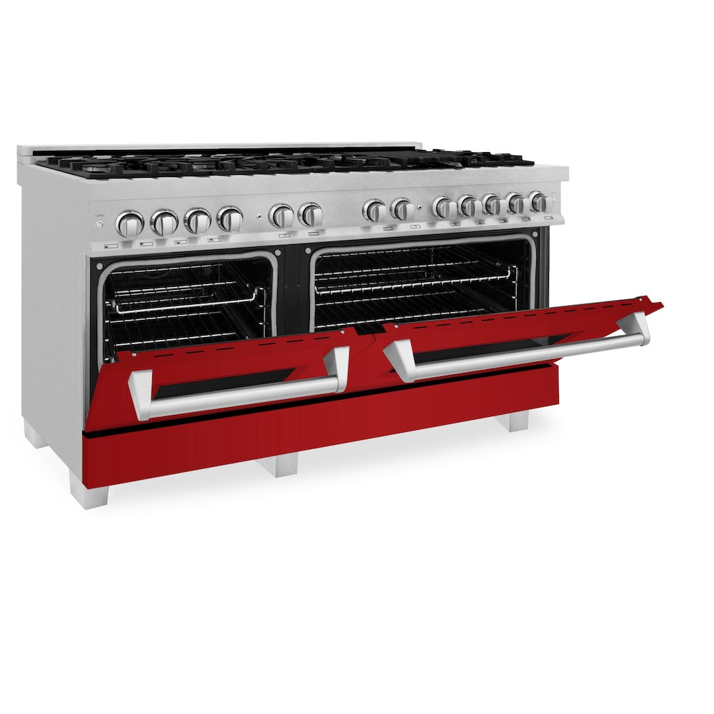 ZLINE 60 in. 7.4 cu. ft. Legacy Dual Fuel Range with 9 Burner Gas Cooktop and 2 Electric Convection Ovens in Satin Stainless Steel and Red Gloss Doors (RAS-RG-60)