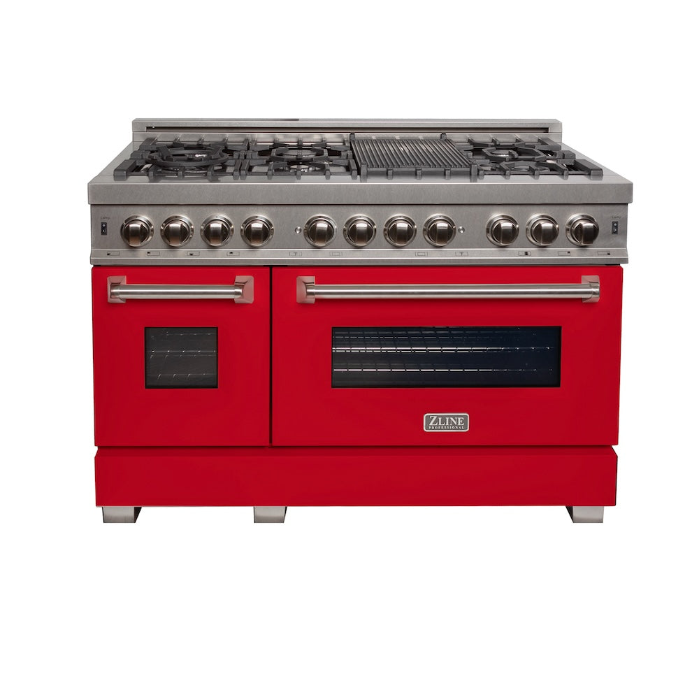 ZLINE 48 in. 6.0 cu. ft. Legacy Dual Fuel Range with 7 Burner Gas Cooktop and 2 Electric Ovens in Satin Stainless Steel and Red Matte Doors (RAS-RM-48)