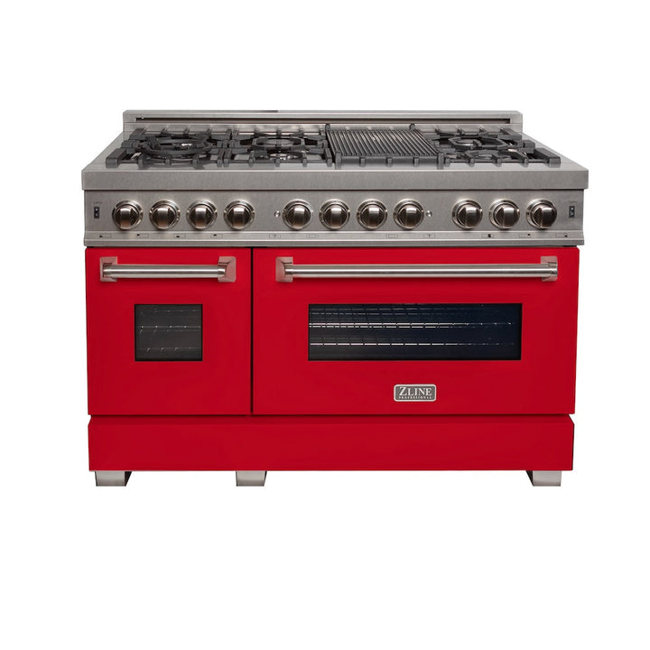 ZLINE 48 in. 6.0 cu. ft. Legacy Dual Fuel Range with 7 Burner Gas Cooktop and 2 Electric Ovens in Satin Stainless Steel and Red Matte Doors (RAS-RM-48)