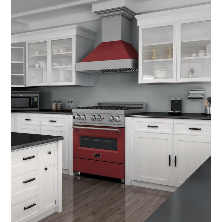 ZLINE 30 in. 4.0 cu. ft. Legacy Dual Fuel Range with 4 Burner Gas Cooktop and Electric Convection Oven in Satin Stainless Steel and Red Matte Door (RAS-RM-30)