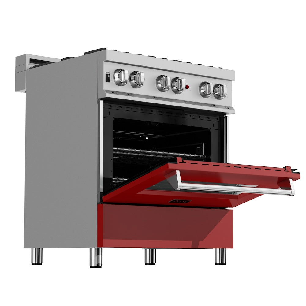 ZLINE 30 in. 4.0 cu. ft. Legacy Dual Fuel Range with 4 Burner Gas Cooktop and Electric Convection Oven in Satin Stainless Steel and Red Matte Door (RAS-RM-30)
