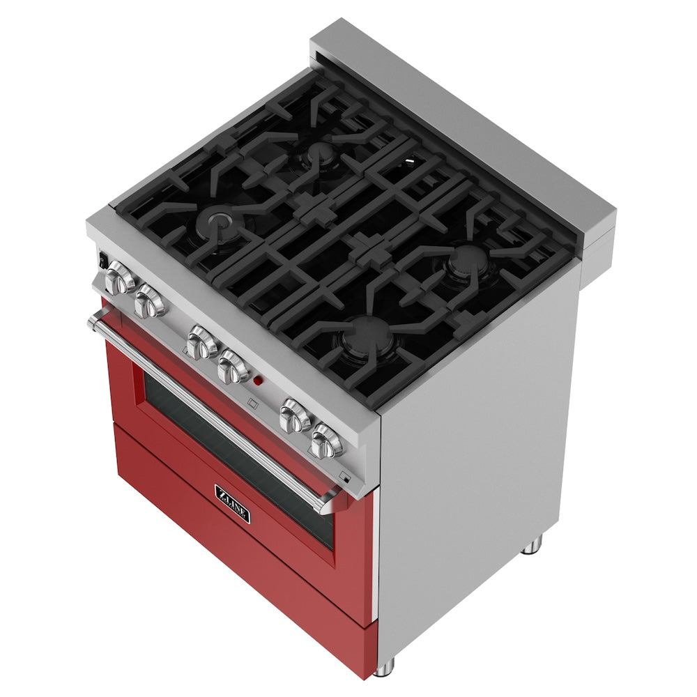 ZLINE 30 in. 4.0 cu. ft. Legacy Dual Fuel Range with 4 Burner Gas Cooktop and Electric Convection Oven in Satin Stainless Steel and Red Matte Door (RAS-RM-30)