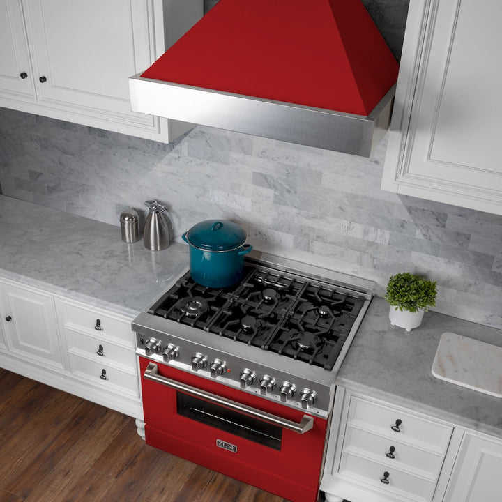 ZLINE 36 in. 4.6 cu. ft. Legacy Dual Fuel Range with 6 Burner Gas Cooktop and Electric Convection Oven in Satin Stainless Steel and Red Matte Door (RAS-RM-36)