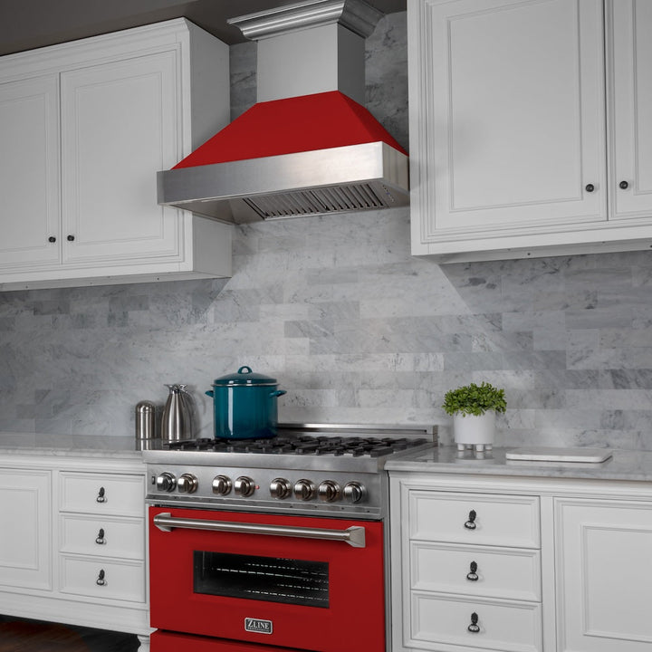 ZLINE 36 in. 4.6 cu. ft. Legacy Dual Fuel Range with 6 Burner Gas Cooktop and Electric Convection Oven in Satin Stainless Steel and Red Matte Door (RAS-RM-36)