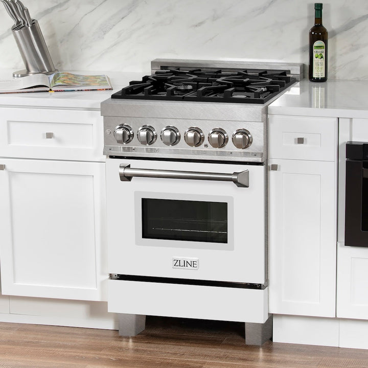 ZLINE 24 in. 2.8 cu. ft. Legacy Dual Fuel Range with 4 Burner Gas Cooktop and Electric Convection Oven in Satin Stainless Steel and White Matte Door (RAS-WM-24)