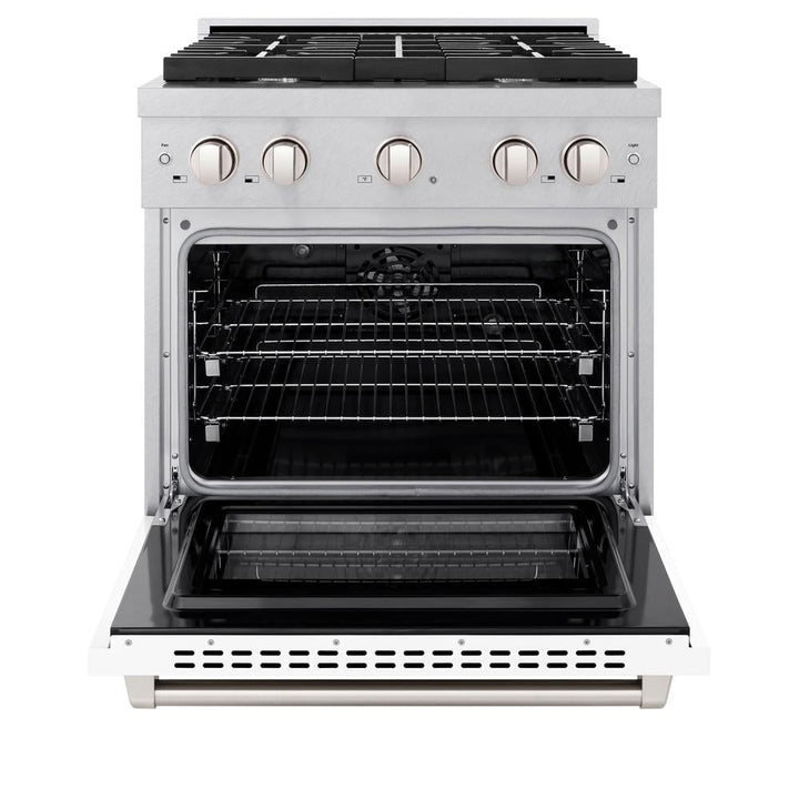 ZLINE 30 in. 4.2 cu. ft. Paramount Dual Fuel Range with 4 Burner Gas Cooktop and Electric Convection Oven in Satin Stainless Steel with White Matte Door (SDRS-WM-30)