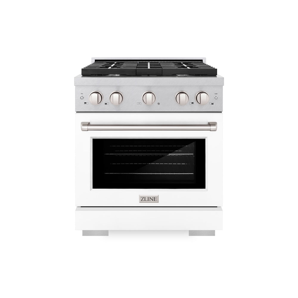 ZLINE 30 in. 4.2 cu. ft. Paramount Gas Range with 4 Burner Cooktop and Convection Gas Oven in Satin Stainless Steel with White Matte Door (SGRS-WM-30)