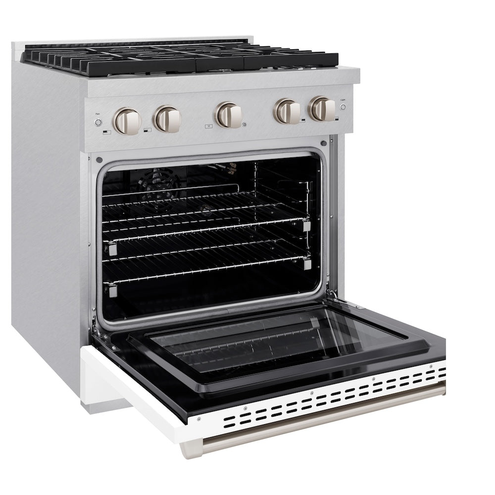 ZLINE 30 in. 4.2 cu. ft. Paramount Gas Range with 4 Burner Cooktop and Convection Gas Oven in Satin Stainless Steel with White Matte Door (SGRS-WM-30)