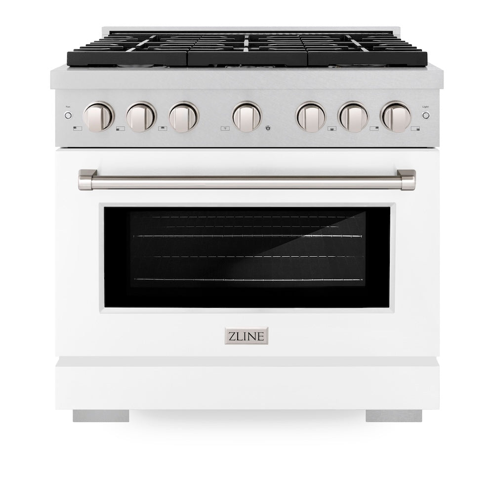 ZLINE 36 in. 5.2 cu. ft. Paramount Gas Range with 6 Burner Cooktop and Convection Gas Oven in Satin Stainless Steel with White Matte Door (SGRS-WM-36)