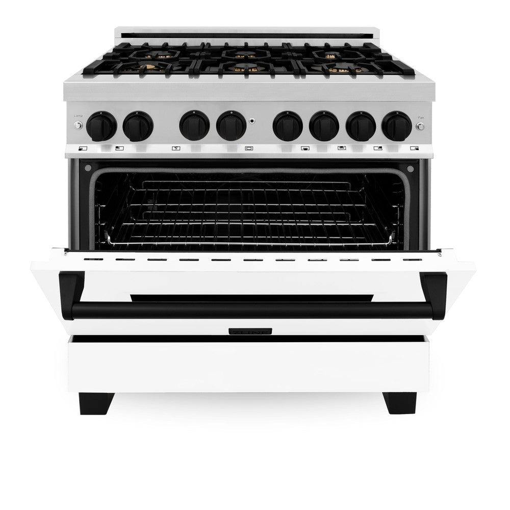 ZLINE Autograph 36" 4.6 cu. ft. Dual Fuel Range with White Matte Door and Black Matte Accents, RAZ-WM-36-MB