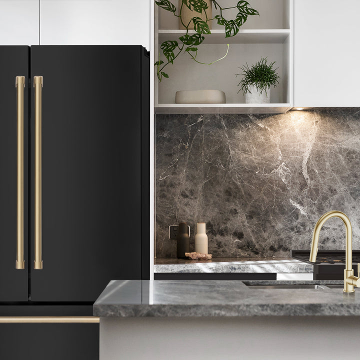 ZLINE 36" Autograph Edition Counter-Depth French Door Refrigerator with Ice Maker in Fingerprint-Resistant Black Stainless Steel and Champagne Bronze Traditional Handles