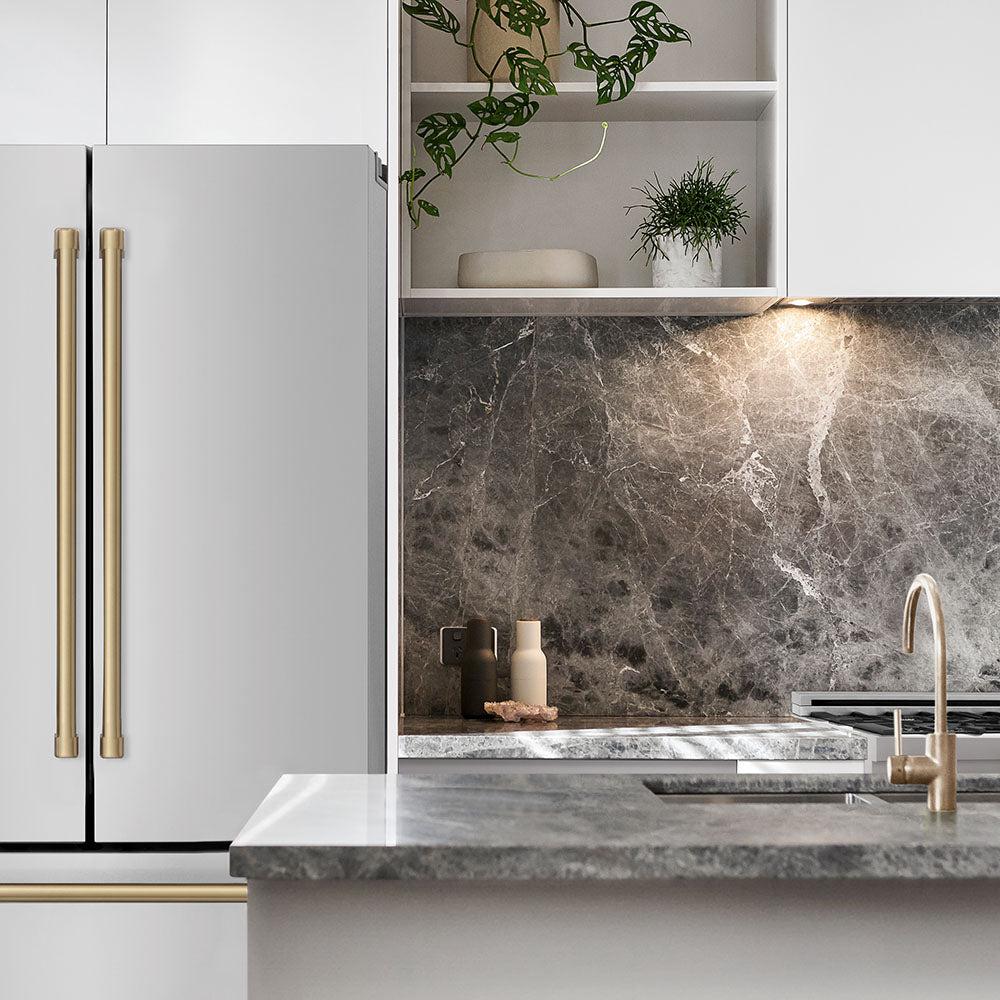 ZLINE Autograph Edition 36 in. 22.5 cu. ft. Counter-Depth French Door Refrigerator with Ice Maker in Fingerprint-Resistant Stainless Steel with Champagne Bronze Traditional Handles (RFMZ-36-CB)