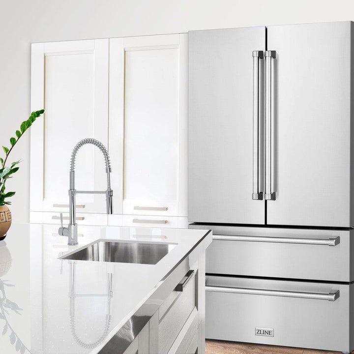 ZLINE Kitchen Package with Refrigerator, 48 in. Stainless Steel Dual Fuel Range, 48 in. Convertible Vent Range Hood, 24 in. Microwave Drawer, and 24 in. Tall Tub Dishwasher (5KPR-RARH48-MWDWV)
