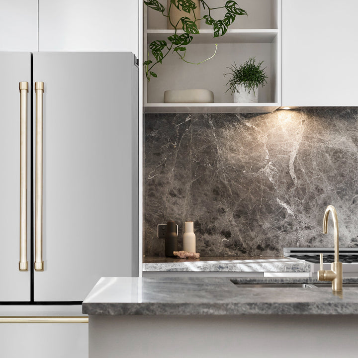 ZLINE 36" Autograph Edition Counter-Depth French Door Refrigerator with Ice Maker in Fingerprint-Resistant Stainless Steel with Polished Gold Traditional Handles