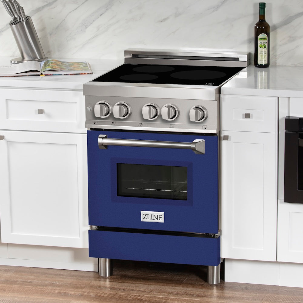 ZLINE 24 in. 2.8 cu. ft. Legacy Induction Range with 4 Element Cooktop and Electric Oven in Stainless Steel and Blue Gloss Door, Open Box-Excellent Condition