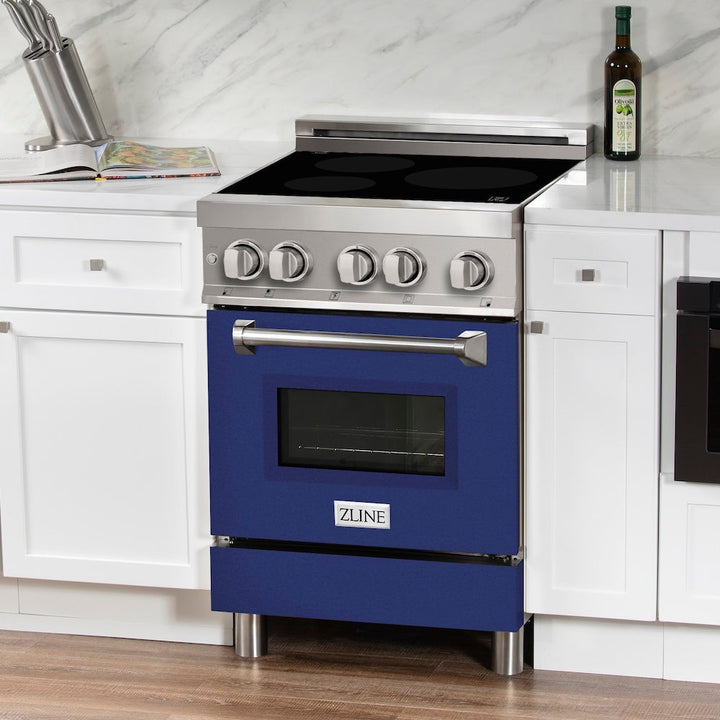 ZLINE 24 in. 2.8 cu. ft. Legacy Induction Range with 4 Element Cooktop and Electric Oven in Stainless Steel and Blue Gloss Door, Open Box-Excellent Condition