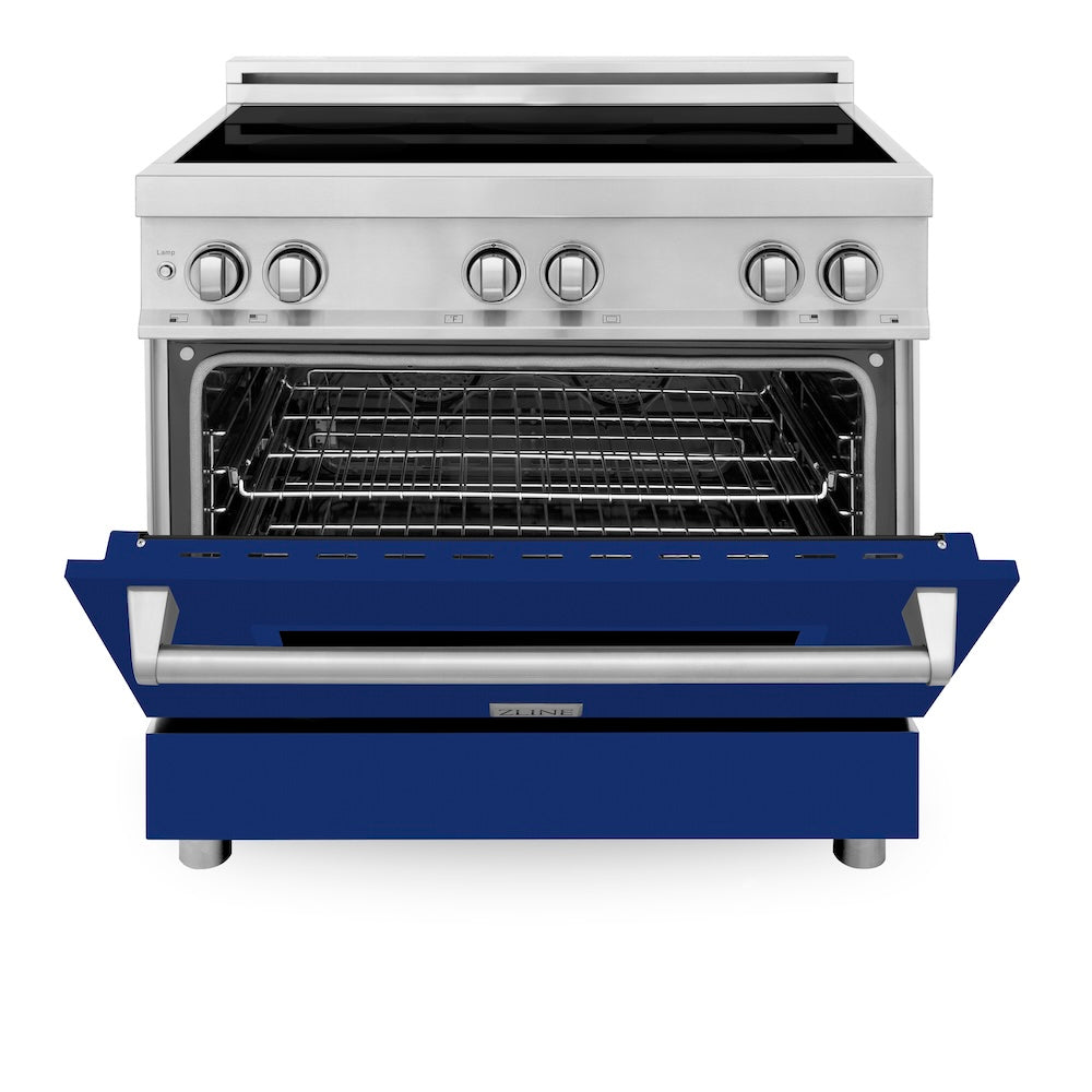 ZLINE 36 in. 4.6 cu. ft. Legacy Induction Range with 5 Element Cooktop and Electric Oven in Stainless Steel and Blue Gloss Door, Open Box-Excellent Condition