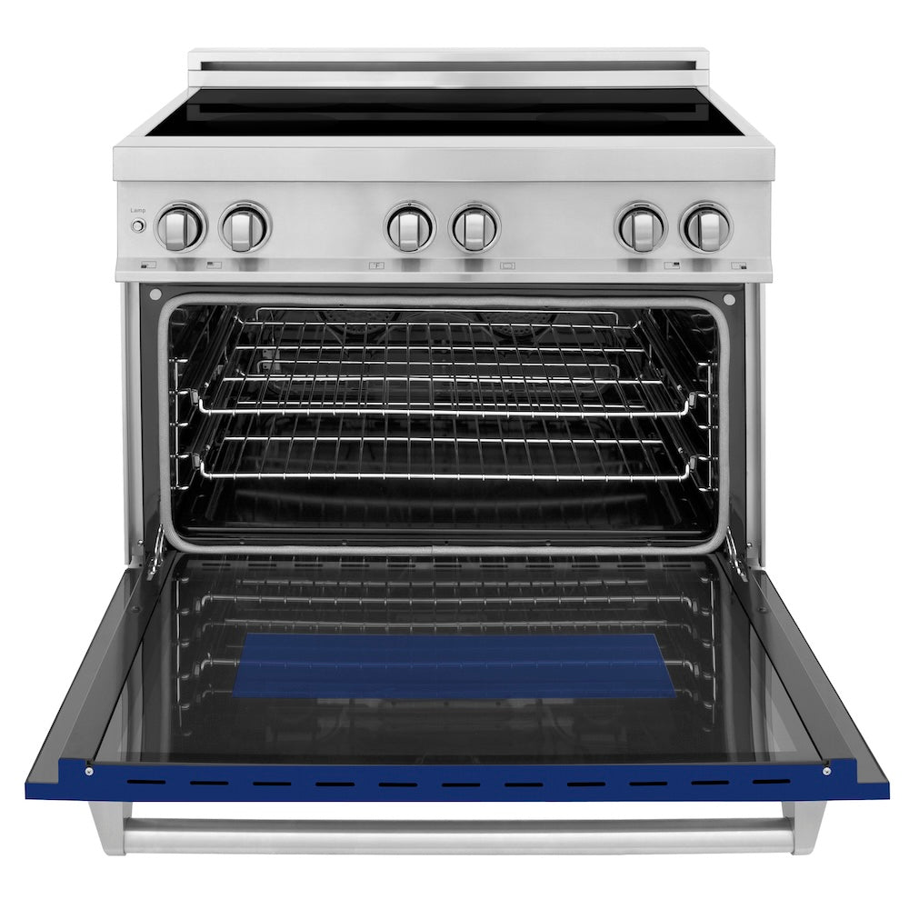 ZLINE 36 in. 4.6 cu. ft. Legacy Induction Range with 5 Element Cooktop and Electric Oven in Stainless Steel and Blue Gloss Door, Open Box-Excellent Condition