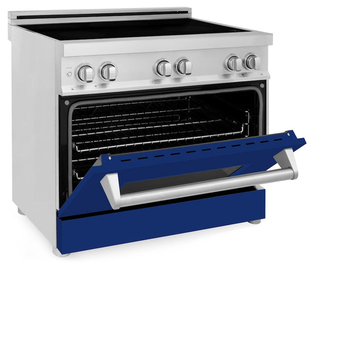 ZLINE 36 in. 4.6 cu. ft. Legacy Induction Range with 5 Element Cooktop and Electric Oven in Stainless Steel and Blue Gloss Door, Open Box-Excellent Condition