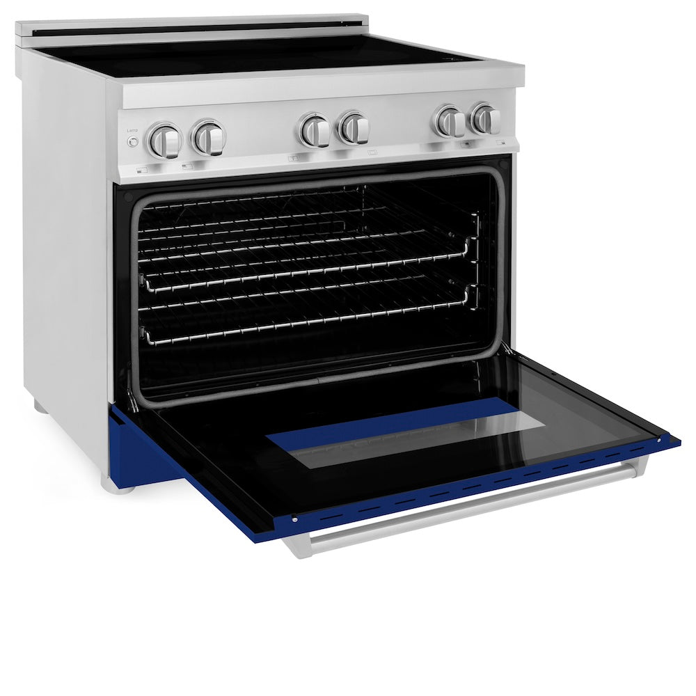 ZLINE 36 in. 4.6 cu. ft. Legacy Induction Range with 5 Element Cooktop and Electric Oven in Stainless Steel and Blue Gloss Door, Open Box-Excellent Condition