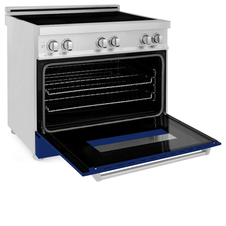 ZLINE 36 in. 4.6 cu. ft. Legacy Induction Range with 5 Element Cooktop and Electric Oven in Stainless Steel and Blue Gloss Door, Open Box-Excellent Condition
