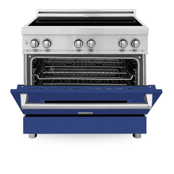 ZLINE 36 in. 4.6 cu. ft. Legacy Induction Range with 5 Element Cooktop and Electric Oven in Stainless Steel and Blue Matte Door, Open Box-Excellent Condition