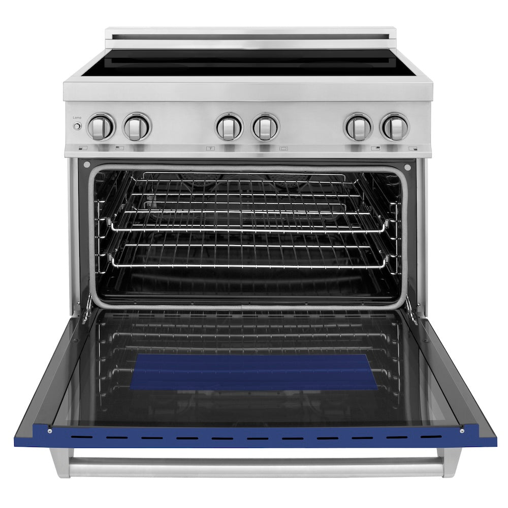 ZLINE 36 in. 4.6 cu. ft. Legacy Induction Range with 5 Element Cooktop and Electric Oven in Stainless Steel and Blue Matte Door, Open Box-Excellent Condition