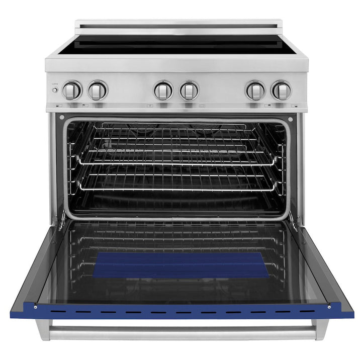 ZLINE 36 in. 4.6 cu. ft. Legacy Induction Range with 5 Element Cooktop and Electric Oven in Stainless Steel and Blue Matte Door, Open Box-Excellent Condition