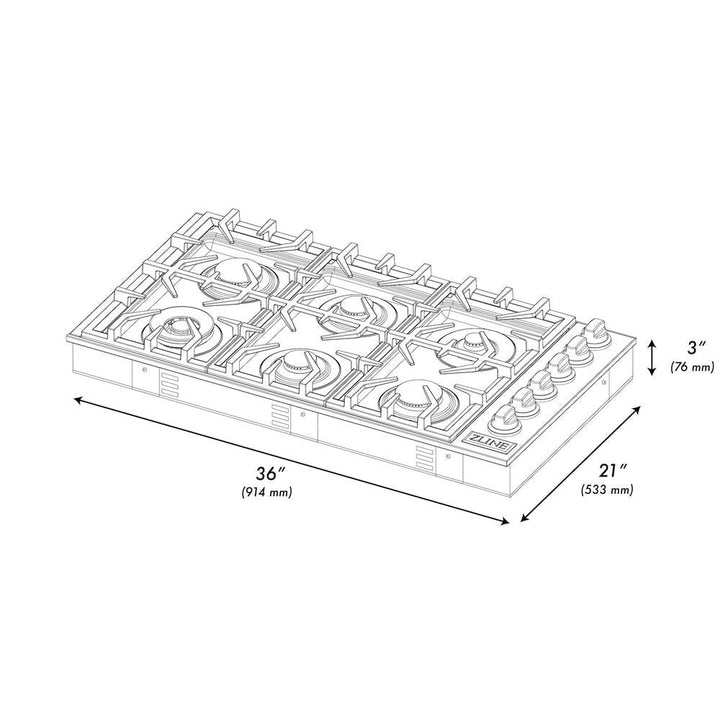 ZLINE 36 in. Gas Cooktop with 6 Brass Burners and Black Porcelain Top (RC-BR-36-PBT)