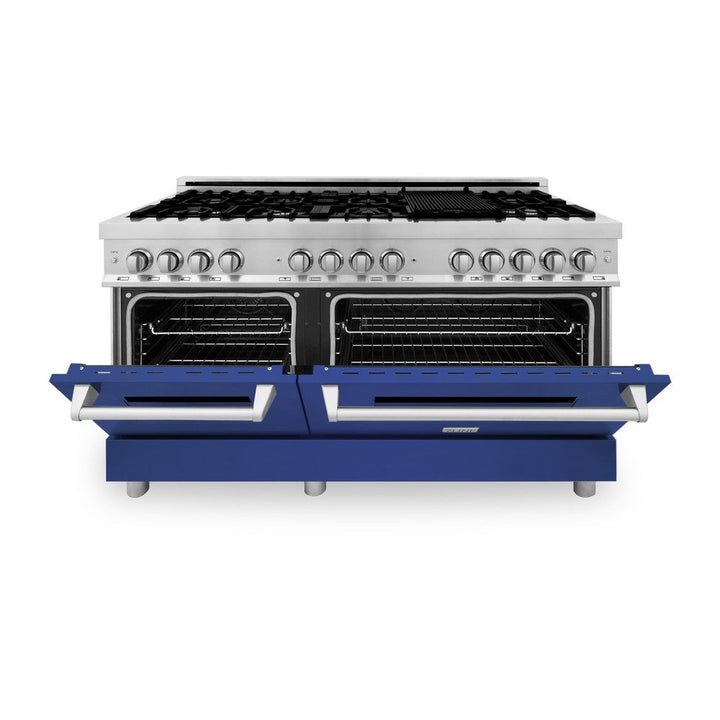 ZLINE 60 in. 7.4 cu. ft. Legacy Dual Fuel Range with 9 Burner Gas Cooktop and 2 Electric Convection Ovens in Stainless Steel and Blue Matte Doors (RA-BM-60)