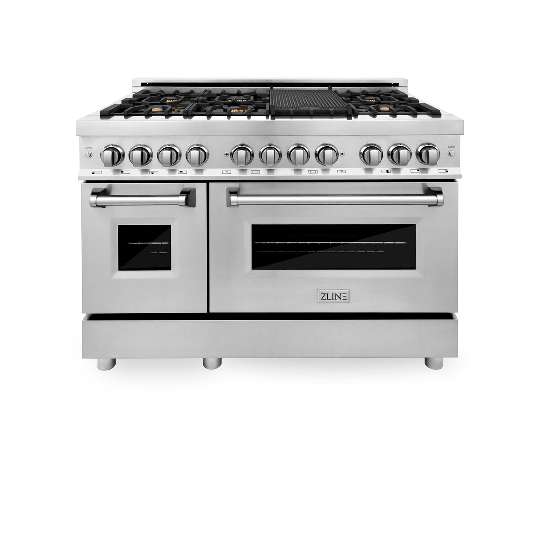 ZLINE 48" 6.0 cu. ft. Gas Burner, Electric Oven with Griddle and Brass Burners in Stainless Steel, RA-BR-GR-48