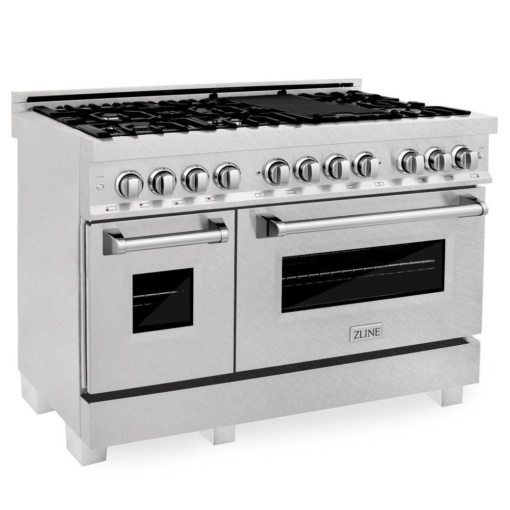 ZLINE 48 in. Kitchen Package with Satin Stainless Dual Fuel Range, Ducted Vent Range Hood and Tall Tub Dishwasher (3KP-RASRH48-DWV)