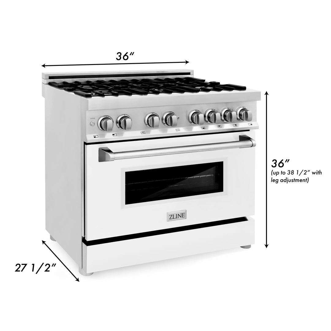 ZLINE 36" 4.6 cu. ft. Gas Burner, Electric Oven with Griddle and White Matte Door in Stainless Steel, RA-WM-GR-36