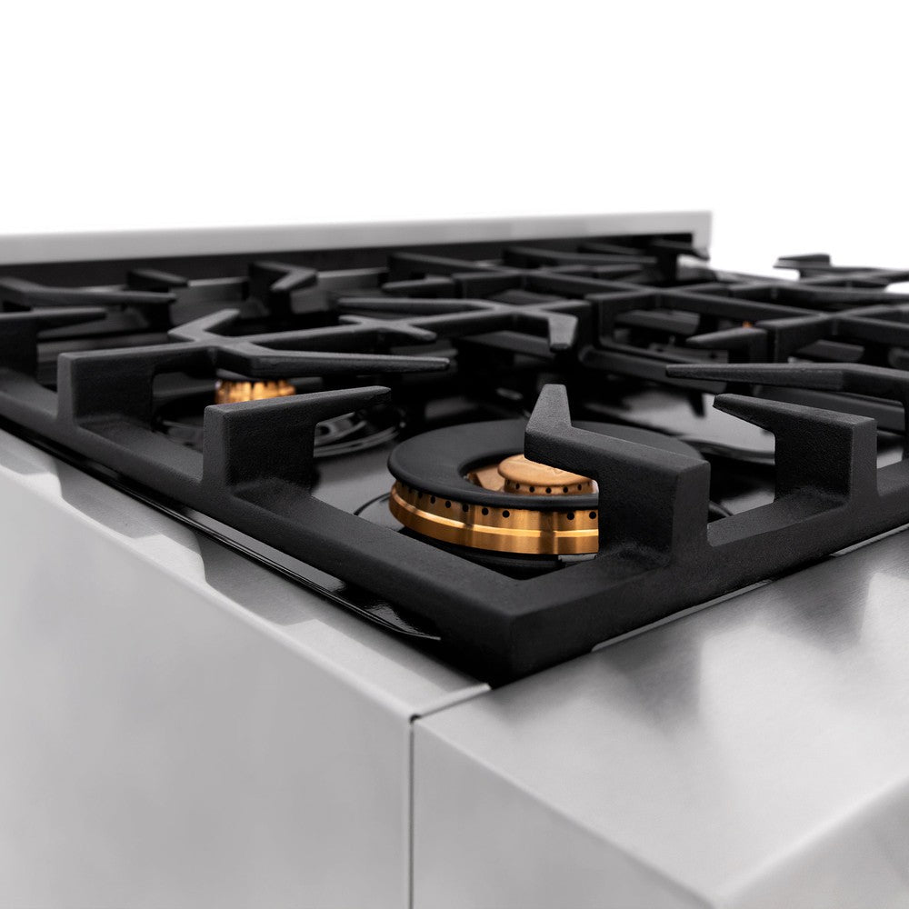 ZLINE 30 in. 4.0 cu. ft. Legacy Dual Fuel Range with Gas Cooktop and Electric Convection Oven in Stainless Steel with 4 Brass Burners (RA-BR-30)