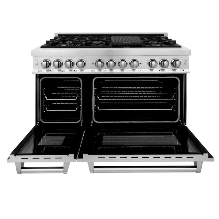 ZLINE Kitchen Package with Refrigerator, 48 in. Stainless Steel Dual Fuel Range, 48 in. Convertible Vent Range Hood, 24 in. Microwave Drawer, and 24 in. Tall Tub Dishwasher (5KPR-RARH48-MWDWV)