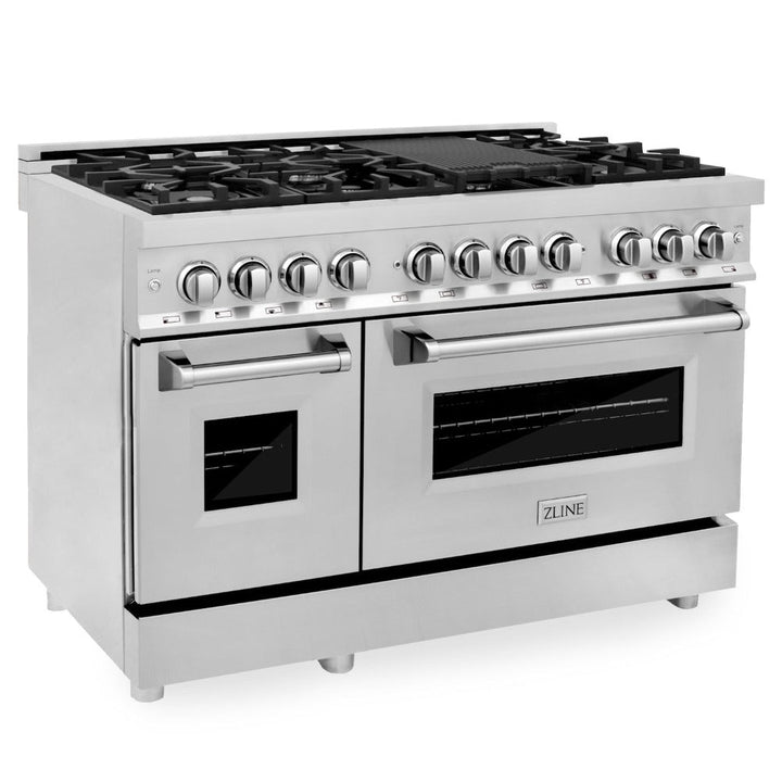 ZLINE Kitchen Package with Refrigerator, 48 in. Stainless Steel Dual Fuel Range, 48 in. Convertible Vent Range Hood, 24 in. Microwave Drawer, and 24 in. Tall Tub Dishwasher (5KPR-RARH48-MWDWV)