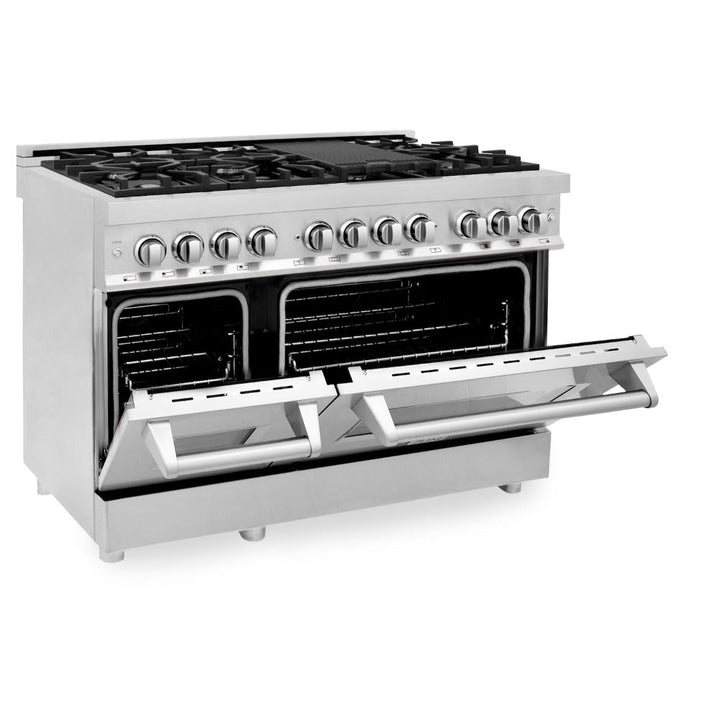 ZLINE Kitchen Package with Refrigerator, 48 in. Stainless Steel Dual Fuel Range, 48 in. Convertible Vent Range Hood, 24 in. Microwave Drawer, and 24 in. Tall Tub Dishwasher (5KPR-RARH48-MWDWV)