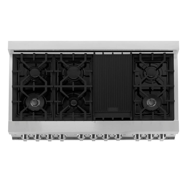 ZLINE Kitchen Package with Refrigerator, 48 in. Stainless Steel Dual Fuel Range, 48 in. Convertible Vent Range Hood, 24 in. Microwave Drawer, and 24 in. Tall Tub Dishwasher (5KPR-RARH48-MWDWV)