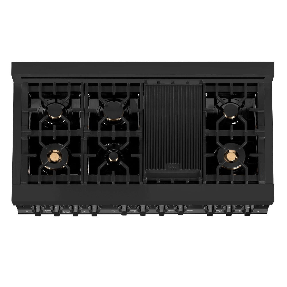 ZLINE Kitchen Package with Black Stainless Steel Refrigerator, 48 in. Dual Fuel Range, 48 in. Range Hood, Microwave Drawer, and 24 in. Tall Tub Dishwasher (5KPR-RABRH48-MWDWV)