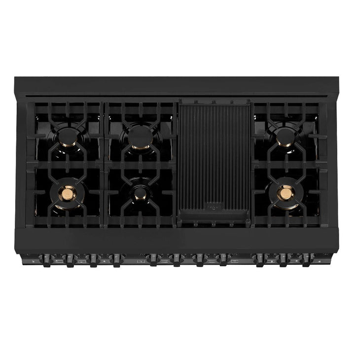 ZLINE Kitchen Package with Black Stainless Steel Refrigerator, 48 in. Dual Fuel Range, 48 in. Range Hood, Microwave Drawer, and 24 in. Tall Tub Dishwasher (5KPR-RABRH48-MWDWV)