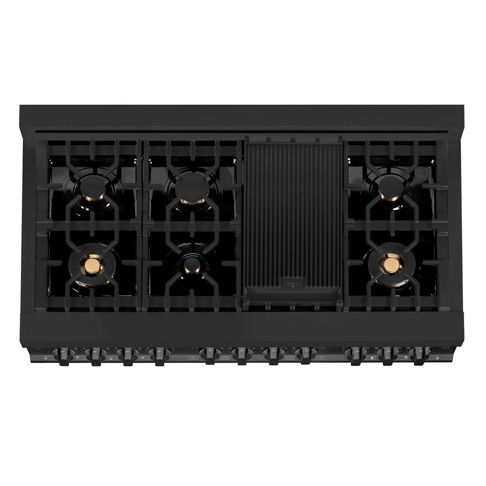 ZLINE 48 in. 6.0 cu. ft. Legacy Dual Fuel Range with Gas Cooktop and 2 Electric Ovens in Black Stainless Steel with Brass Burners (RAB-BR-48)