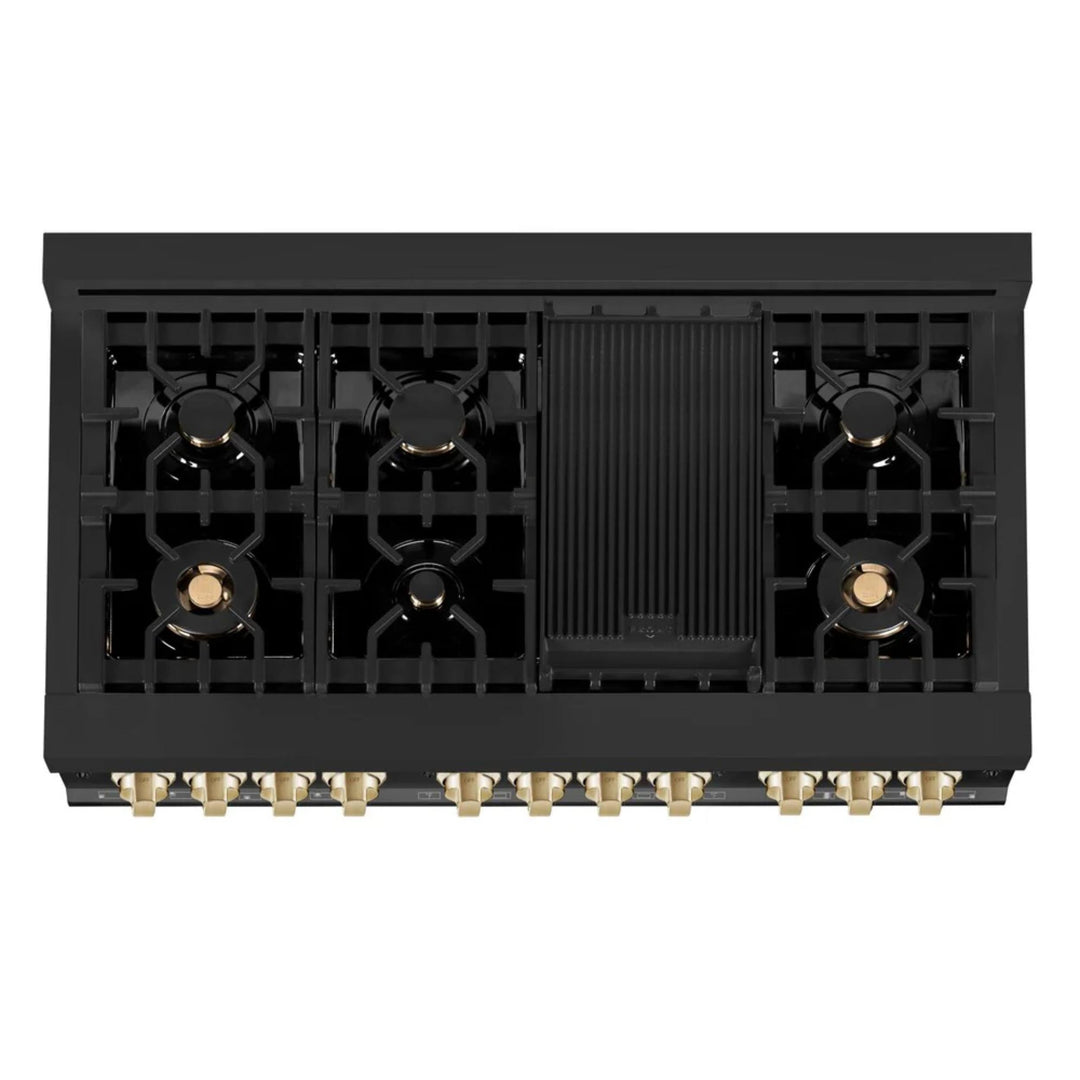 ZLINE Autograph Edition 30", 36", &amp; 48" Black Stainless Steel 4-Piece Kitchen Package with Dual Fuel Range, Range Hood, Dishwasher, and Refrigerator—Polished Gold Accents