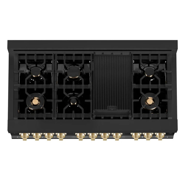 ZLINE Autograph Edition 30", 36", &amp; 48" Black Stainless Steel 4-Piece Kitchen Package with Dual Fuel Range, Range Hood, Dishwasher, and Refrigerator—Polished Gold Accents