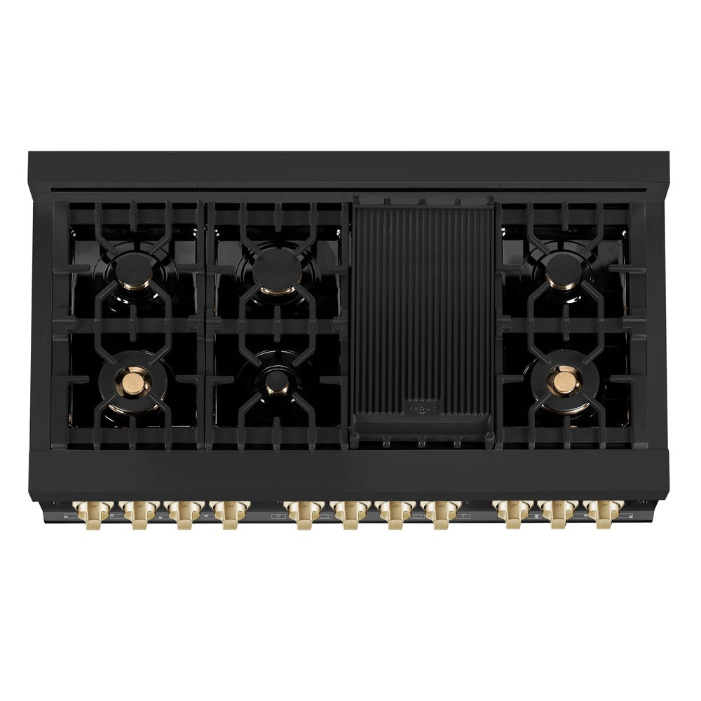 ZLINE Autograph Edition 48 in. Kitchen Package with Black Stainless Steel Dual Fuel Range, Range Hood, Dishwasher and Refrigerator Including External Water Dispenser with Polished Gold Accents (4AKPR-RABRHDWV48-G)